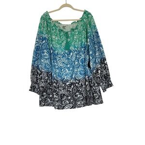 Avenue Womens Plus Size 22/24W Ombre Paisley Peasant Top Green Blue Tassel